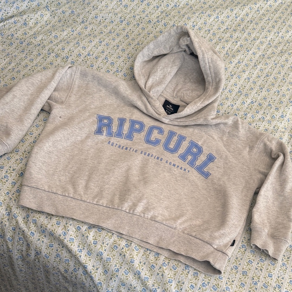 Rip Curl Light Gray Cropped Hoodie with Blue Lettering